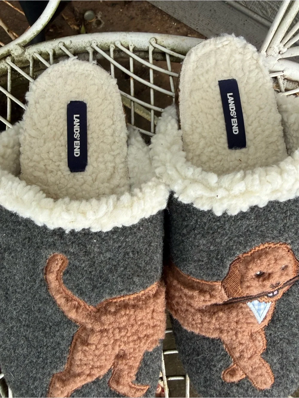 Lands' End Gray Slippers with Brown Embroidered Dog Accent